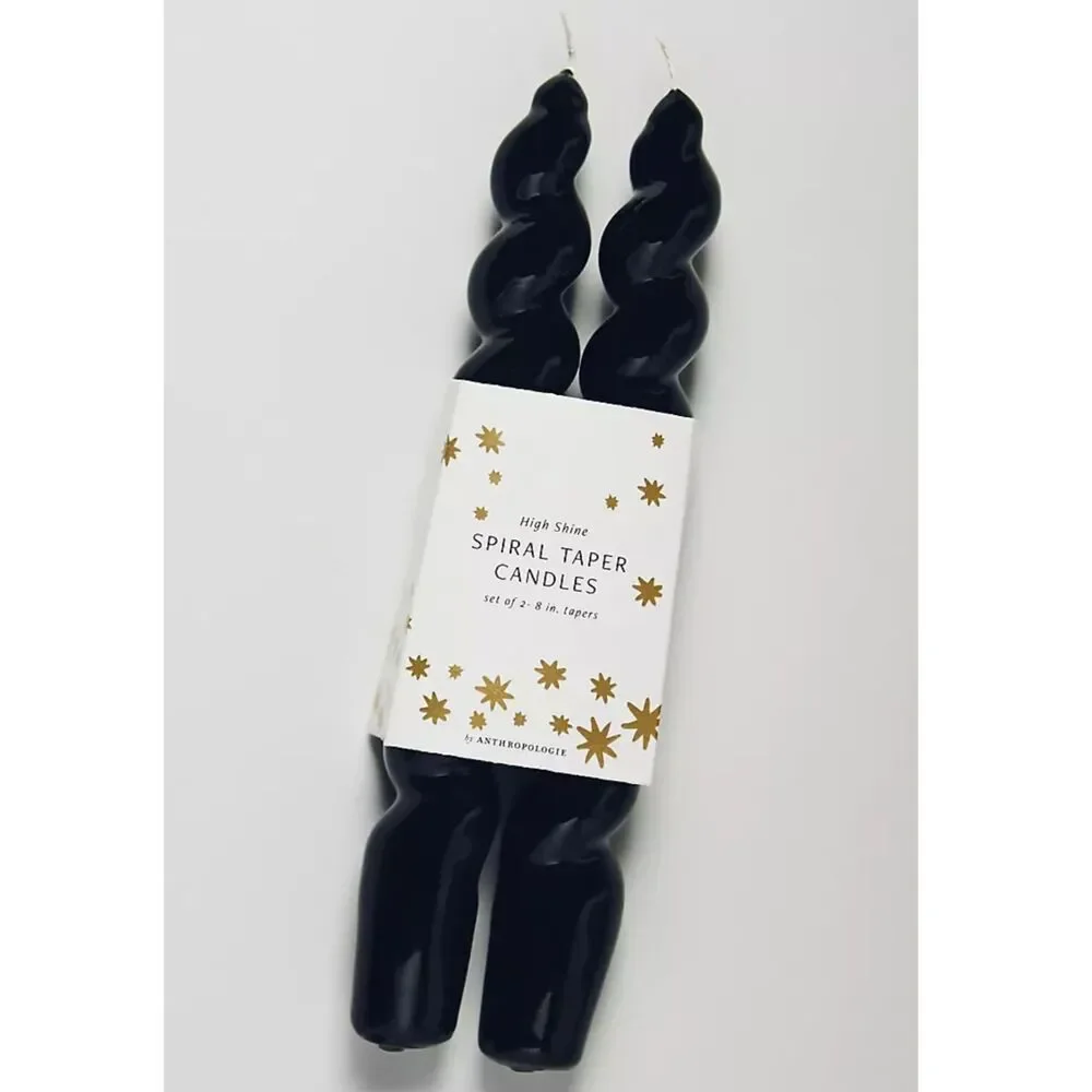 NIB Anthropologie High Shine Black Spiral Taper Candles, Set of 2